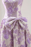 Strapless Lilac A-Line Jacquard Brocade Long Prom Dress with Bow