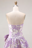 Strapless Lilac A-Line Jacquard Brocade Long Prom Dress with Bow