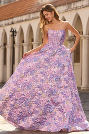 Lilac Strapless Jacquard A-Line Corset Brocade Long Prom Dress