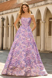Lilac Strapless Jacquard A-Line Corset Brocade Long Prom Dress