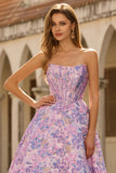 Lilac Strapless Jacquard A-Line Corset Brocade Long Prom Dress