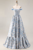 Off The Shoulder Light Blue A-Line Jacquard Convertible Long Prom Dress