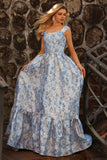 Light Blue A-Line Off The Shoulder Jacquard Brocade Convertible Long Prom Dress