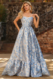 Light Blue A-Line Off The Shoulder Jacquard Brocade Convertible Long Prom Dress