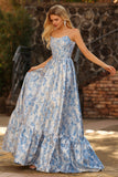 Light Blue A-Line Off The Shoulder Jacquard Brocade Convertible Long Prom Dress