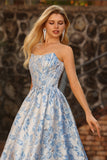 Light Blue A-Line Off The Shoulder Jacquard Brocade Convertible Long Prom Dress