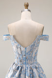 Off The Shoulder Light Blue A-Line Jacquard Convertible Long Prom Dress