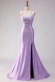 Mermaid Lilac Halter Beaded Cut Out Long Prom Dress with Slit