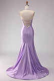 Mermaid Lilac Halter Beaded Cut Out Long Prom Dress with Slit