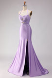 Mermaid Lilac Halter Beaded Cut Out Long Prom Dress with Slit