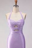 Mermaid Lilac Halter Beaded Cut Out Long Prom Dress with Slit