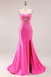 Hot Pink Beaded Mermaid Cut Out Ruched Strapless Long Prom Dress with Slit