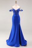 Royal Blue Mermaid Off the Shoulder Beaded Corset Long Prom Dress with Slit