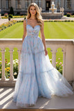 Blue Floral A Line Spaghetti Straps Long Prom Dress