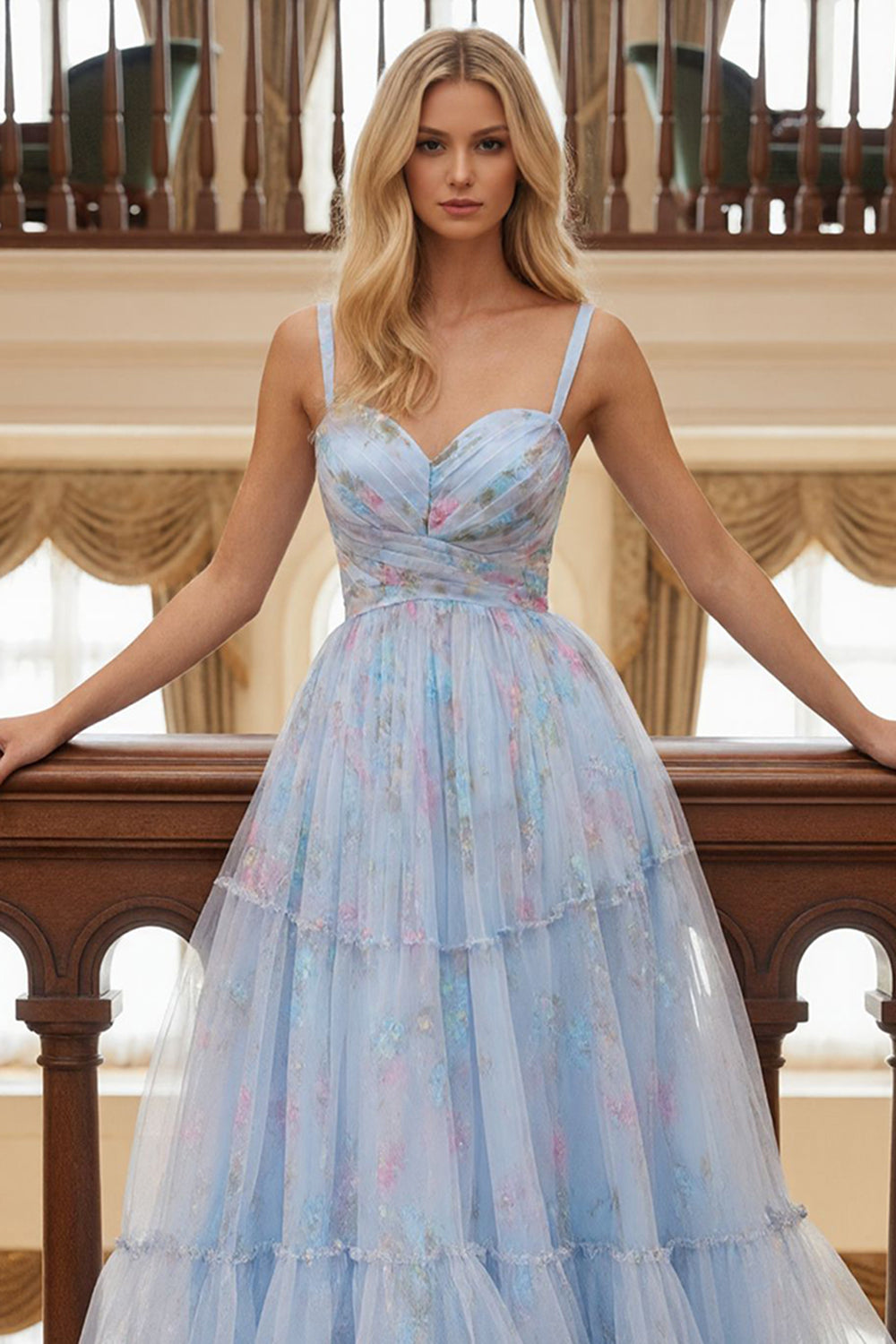 Zapaka Women Blue Floral Long Prom Dress Ruched Spaghetti Straps Party Dress ZAPAKA UK Zapaka Women Blue Floral Long Prom Dress Ruched Spaghetti Straps Party Dress ZAPAKA UK