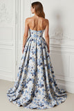 Blue Flower Printed Strapless A Line Long Prom Dress with Slit