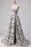 Blue Flower Strapless A Line Printed Long Prom Dress with Slit