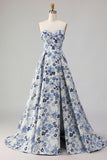 Blue Flower Strapless A Line Printed Long Prom Dress with Slit