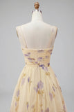 Yellow Floral A Line Pleated Printed Long Prom Dress with Ruffles