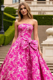 Strapless A Line Fuchsia Printed Long Prom Dress with Bow