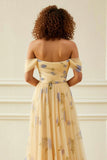 Off the Shoulder A Line Tulle Yellow Floral Long Prom Dress with Ruffles