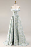 Off The Shoulder Blue White Flower A-Line Printed Satin Long Prom Dress with Slit