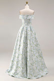 Off The Shoulder Blue White Flower A-Line Printed Satin Long Prom Dress with Slit