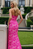 Sweetheart Fuchsia Floral Mermaid Corset Long Prom Dress with Slit