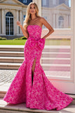 Strapless Fuchsia Floral Mermaid Side Slit Long Prom Dress with Bow