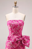 Strapless Fuchsia Floral Mermaid Side Slit Long Prom Dress with Bow