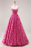 Fuchsia Flower A-Line Maxi Strapless Prom Dress With Pockets