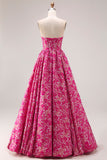 Fuchsia Flower A-Line Maxi Strapless Prom Dress With Pockets