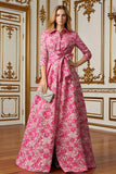Fuchsia Flower A Line Shirt Collar Long Mother of the Bride Dress with Waist Tie