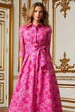 Fuchsia Flower A Line Shirt Collar Long Mother of the Bride Dress with Waist Tie