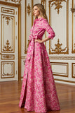 Fuchsia Flower A Line Shirt Collar Long Mother of the Bride Dress with Waist Tie