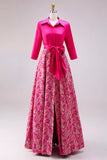 Fuchsia Floral A Line Satin Long Mother of the Bride Dress with Bowknot