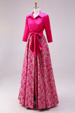 Fuchsia Floral A Line Satin Long Mother of the Bride Dress with Bowknot