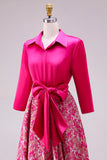 Fuchsia Floral A Line Satin Long Mother of the Bride Dress with Bowknot