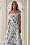 Blue Flower Off the Shoulder A-Line Long Mother of the Bride Dress