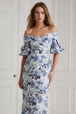 Blue Flower Off the Shoulder Short Sleeves Sheath Long Mother of the Bride Dress