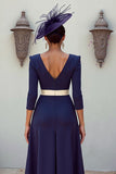 Navy V-Neck A-Line Midi Mother of the Bride Dress with Appliques