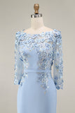 Light Blue Bateau Neck Bodycon Appliqued Midi Mother of the Bride Dress with 3/4 Sleeves