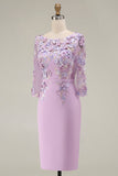 Light Blue Bateau Neck Bodycon Appliqued Midi Mother of the Bride Dress with 3/4 Sleeves