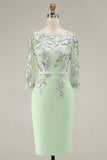 Light Blue Bateau Neck Bodycon Appliqued Midi Mother of the Bride Dress with 3/4 Sleeves