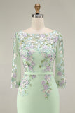 Light Blue Bateau Neck Bodycon Appliqued Midi Mother of the Bride Dress with 3/4 Sleeves