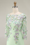 Light Blue Bateau Neck Bodycon Appliqued Midi Mother of the Bride Dress with 3/4 Sleeves