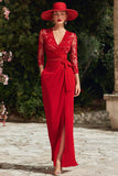 Red Long V-Neck Sheath Appliqued Mother of the Bride Dress with Slit