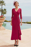 Dark Red V-Neck Midi Ruffled Mermaid Mother of the Bride Dress