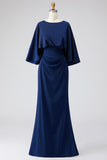 Silver Sheath Pleated 3/4 Sleeves Long Mother of the Bride Dress