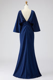 Silver Sheath Pleated 3/4 Sleeves Long Mother of the Bride Dress